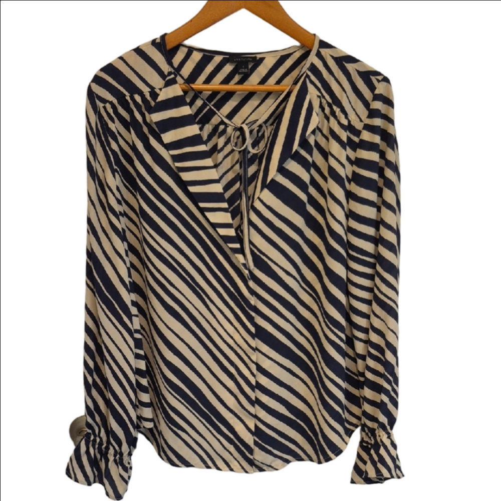 Ann Taylor Navy And Tan Zebra Stripe Long Sleeve Blouse